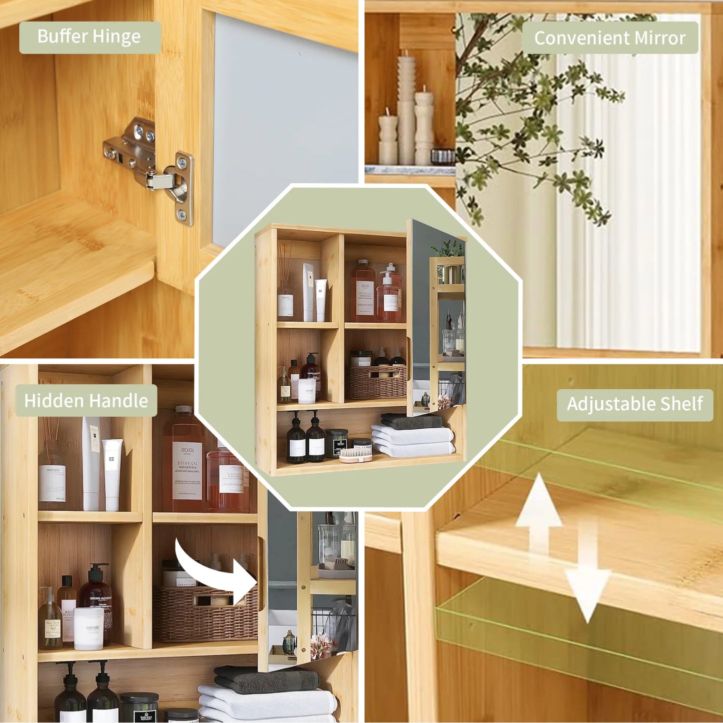 Bamboo Wall Cabinet Bathroom Storage Cabinet Wall Mounted for Entryway Kitchen Vanity Cabinet with Mirror Adjustable Shelf