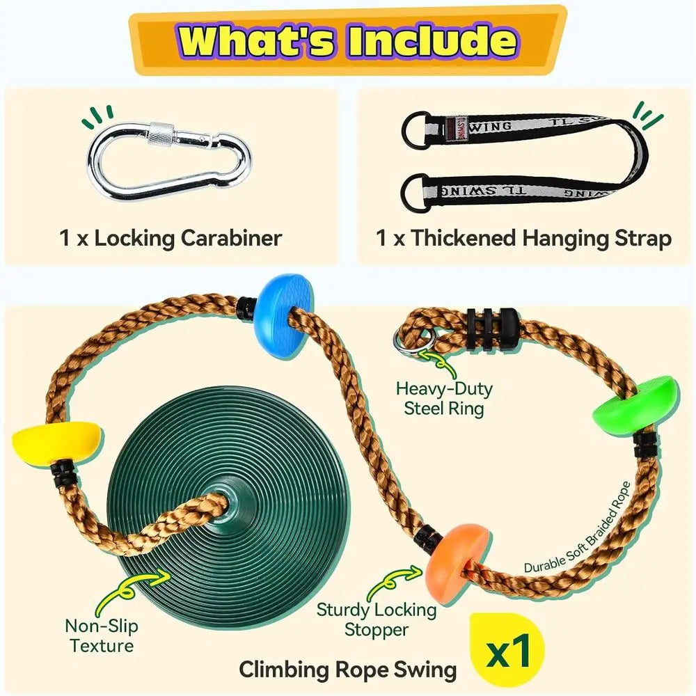 Heavy-Duty Swing Set with Climbing Rope, Platforms, and Disc Seat for Outdoor Playground, Green
