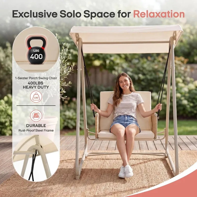Outdoor Patio Swing Chair with Adjustable Canopy,Heavy-Duty Triangular Frame,Single Seat Garden Hammock Swing for Backyard,Porch
