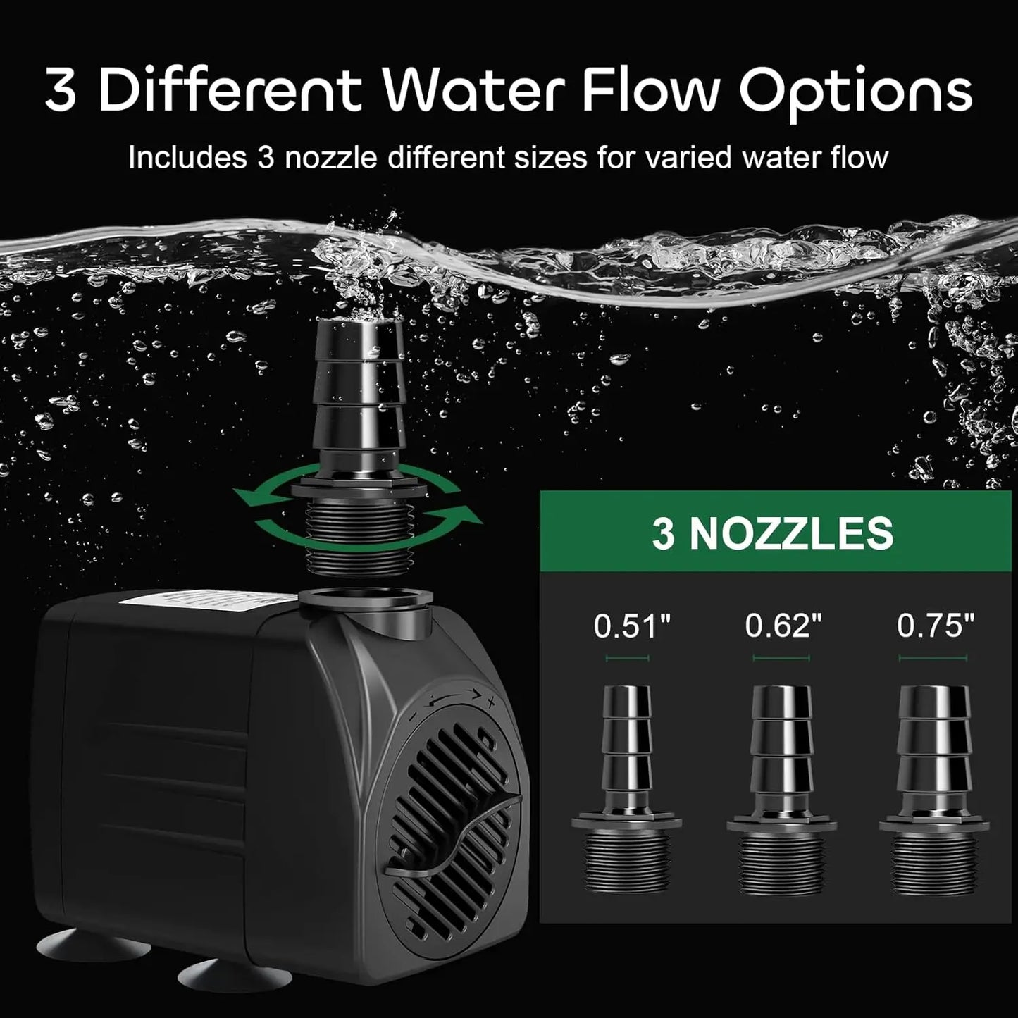 550GPH Submersible Pump 30W Fountain Water Pump, 2000L/H, with 7.2ft High Lift, 3 Nozzles for Aquarium, Fish Tank, Pond, Hydropo