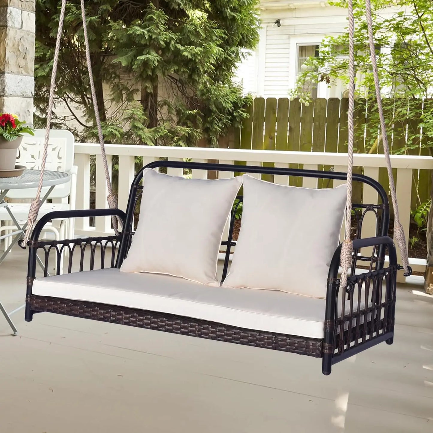 Outdoor Wicker Porch Swing, 2-Person Hanging Seat with Seat & Back Cushions, Heavy-Duty Metal Frame & 2 Sturdy, Customized
