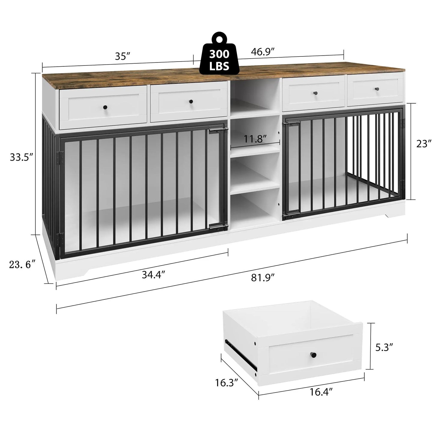 HiMISS Heavy Duty Double Dog Crate TV Stand With Drawers