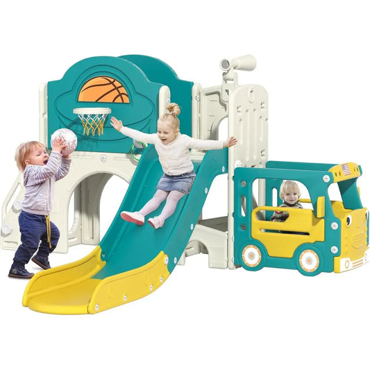 Bus Themed Toddler Playground Climber With Slide And Playhouse Indoor