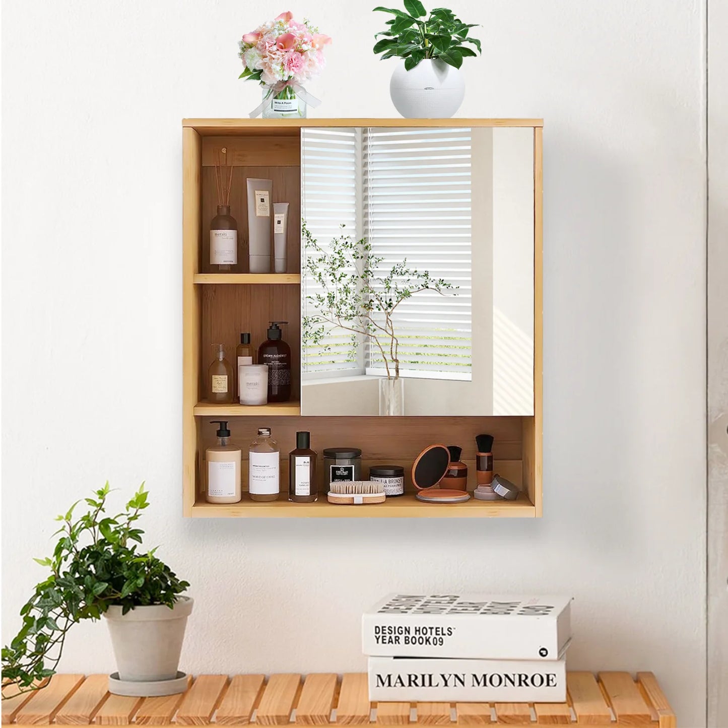 Bamboo Wall Cabinet Bathroom Storage Cabinet Wall Mounted for Entryway Kitchen Vanity Cabinet with Mirror Adjustable Shelf