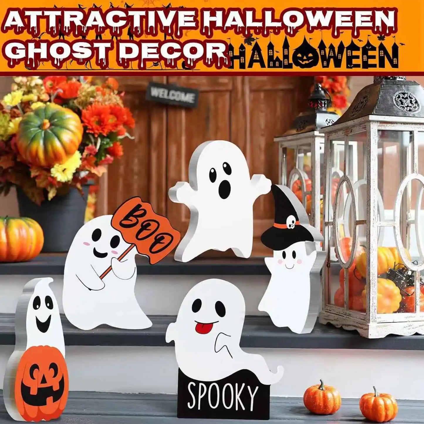 2 Sets Pumpkin Ghost Table Sign Cute Ghost Table Sign Festival Decoration PVC Spooky Desk Ornaments Table Sign for Theme Party