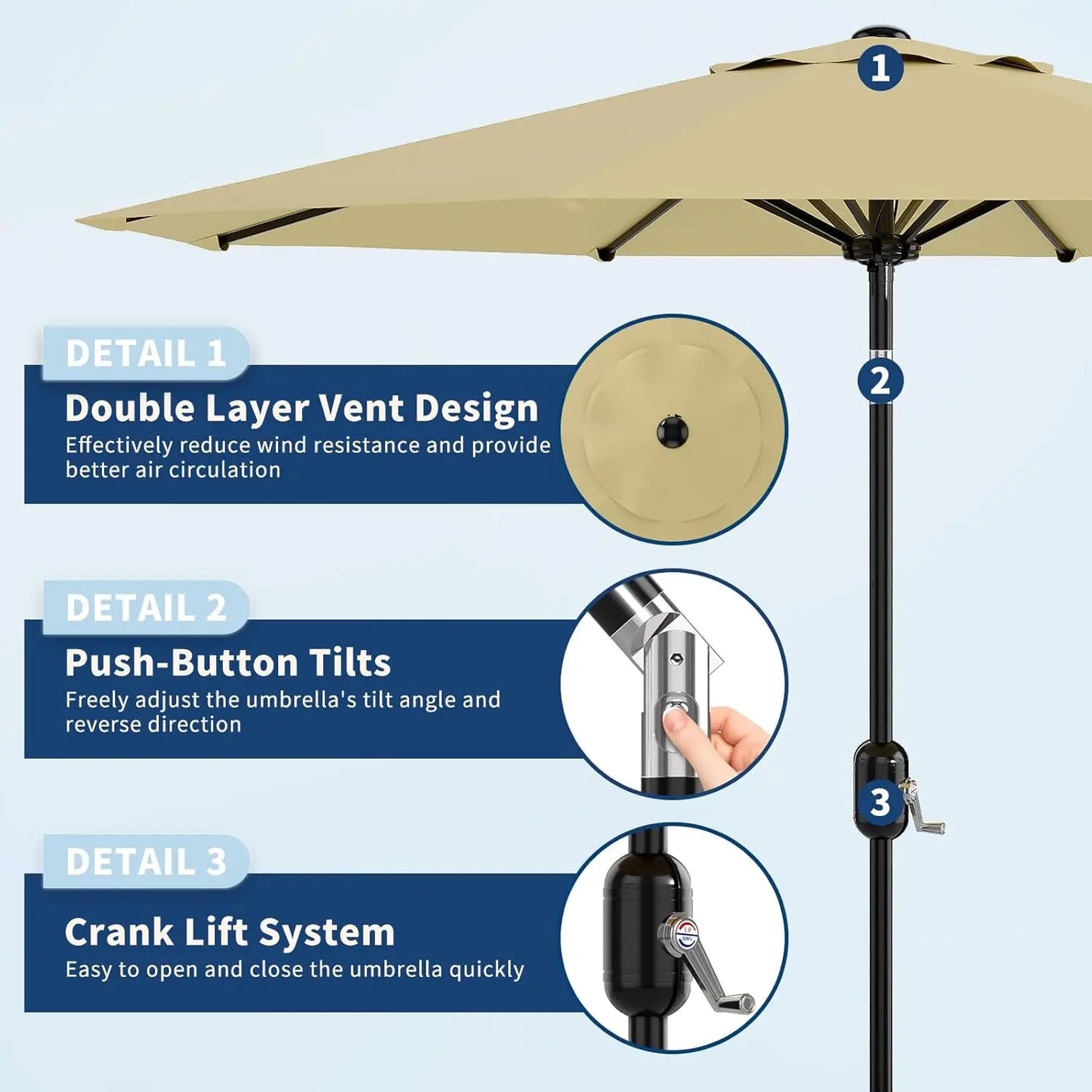 Patio Umbrella With Crank Lift Push Button Tilt Outdoor
