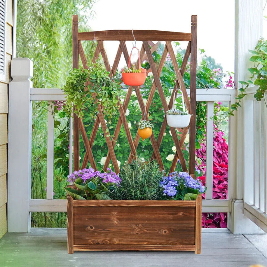 Elevated Wood Garden Bed With Trellis Planter For Herbs