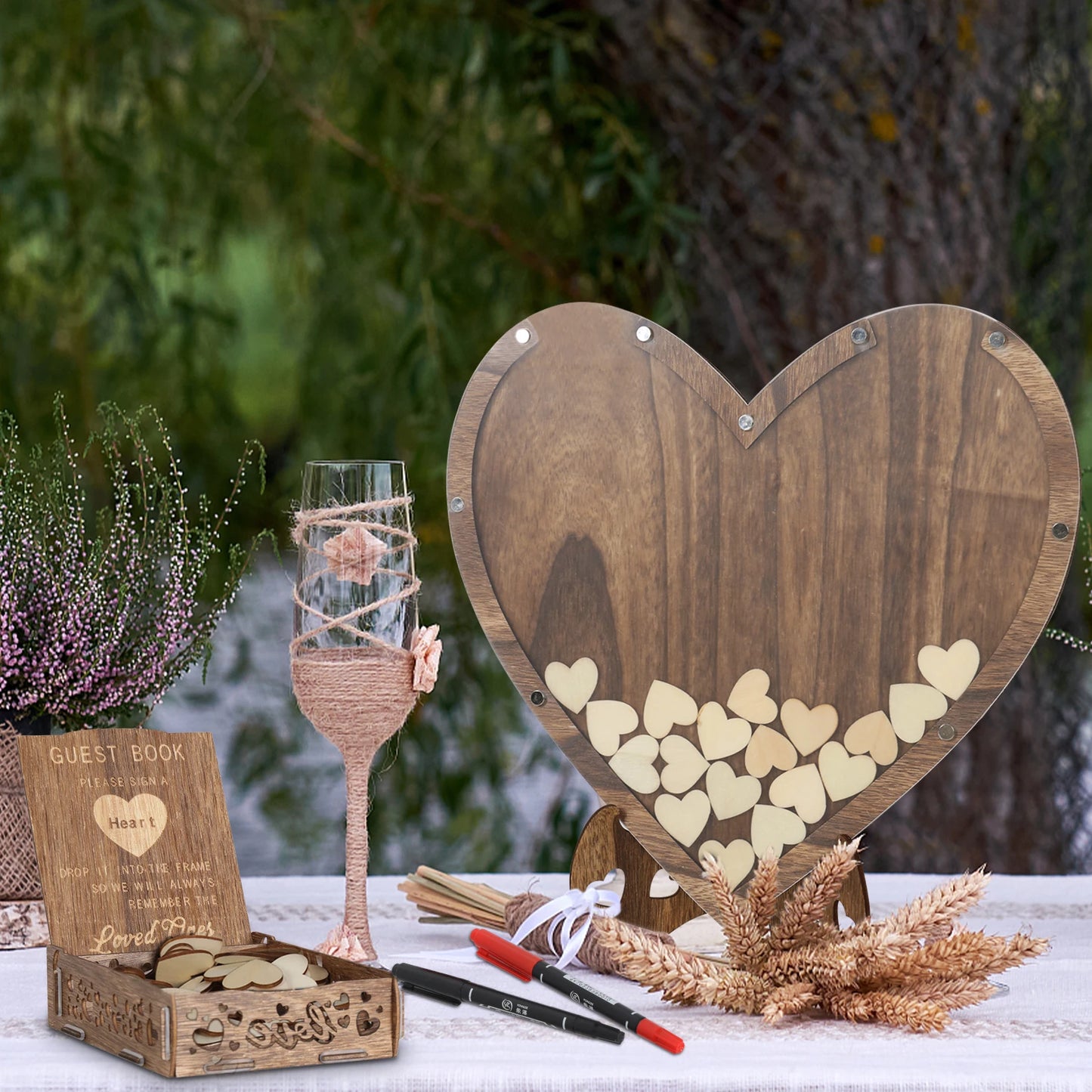 Rustic Wooden Wedding Guest Book Heart Shaped Message Card Rack