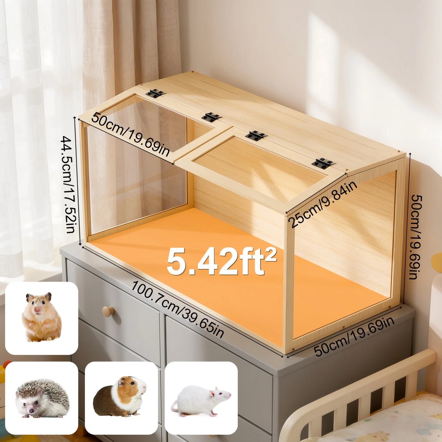 60/80/100/CM Hamster Cage Chewproof Wooden Guinea Pig Cages Habitat House Tempered Glass Panels Built-in LED Light for Small Pets