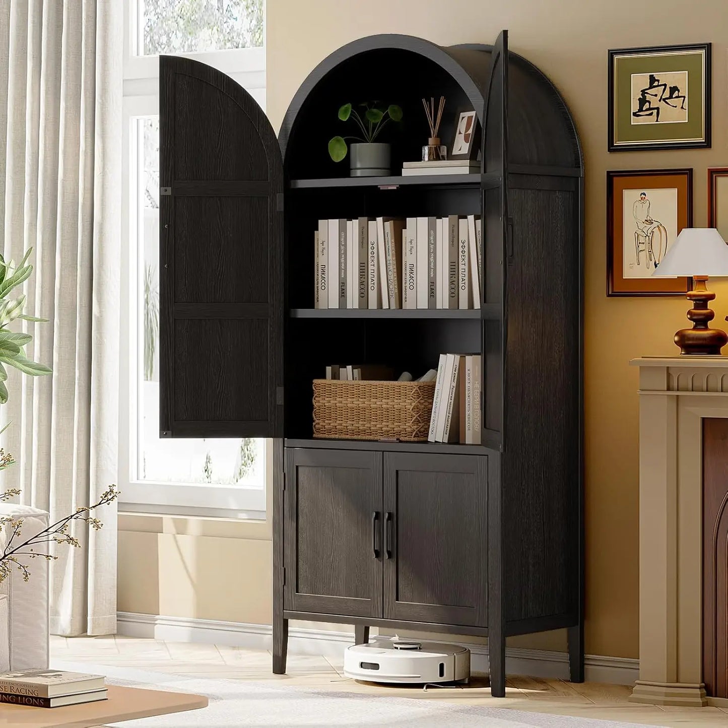 71" Tall Farmhouse Arched Pantry Cabinet, 5-Tier Wooden Storage w/Adjustable Shelves & Feet, Kitchen Cabinet w/Doors for Dining Room Organization