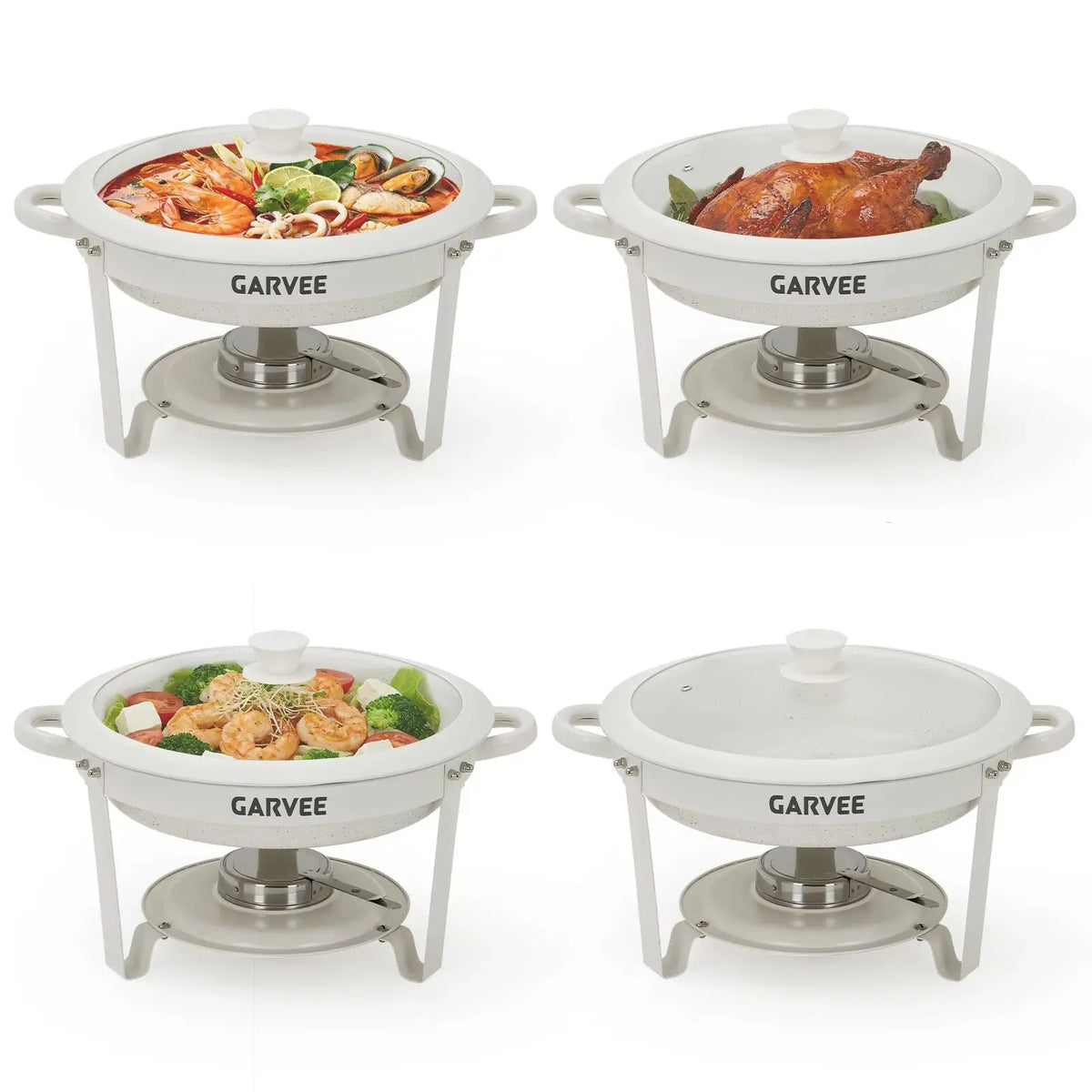 5.3QT Round Chafing Dish Set Natural Maifanite Non‑Stick Coating, Keep Warm & Cold, Stackable Foldable Frame, Anti‑Scald Handle Glass Lid for Buffet Wedding Party Catering Supplies
