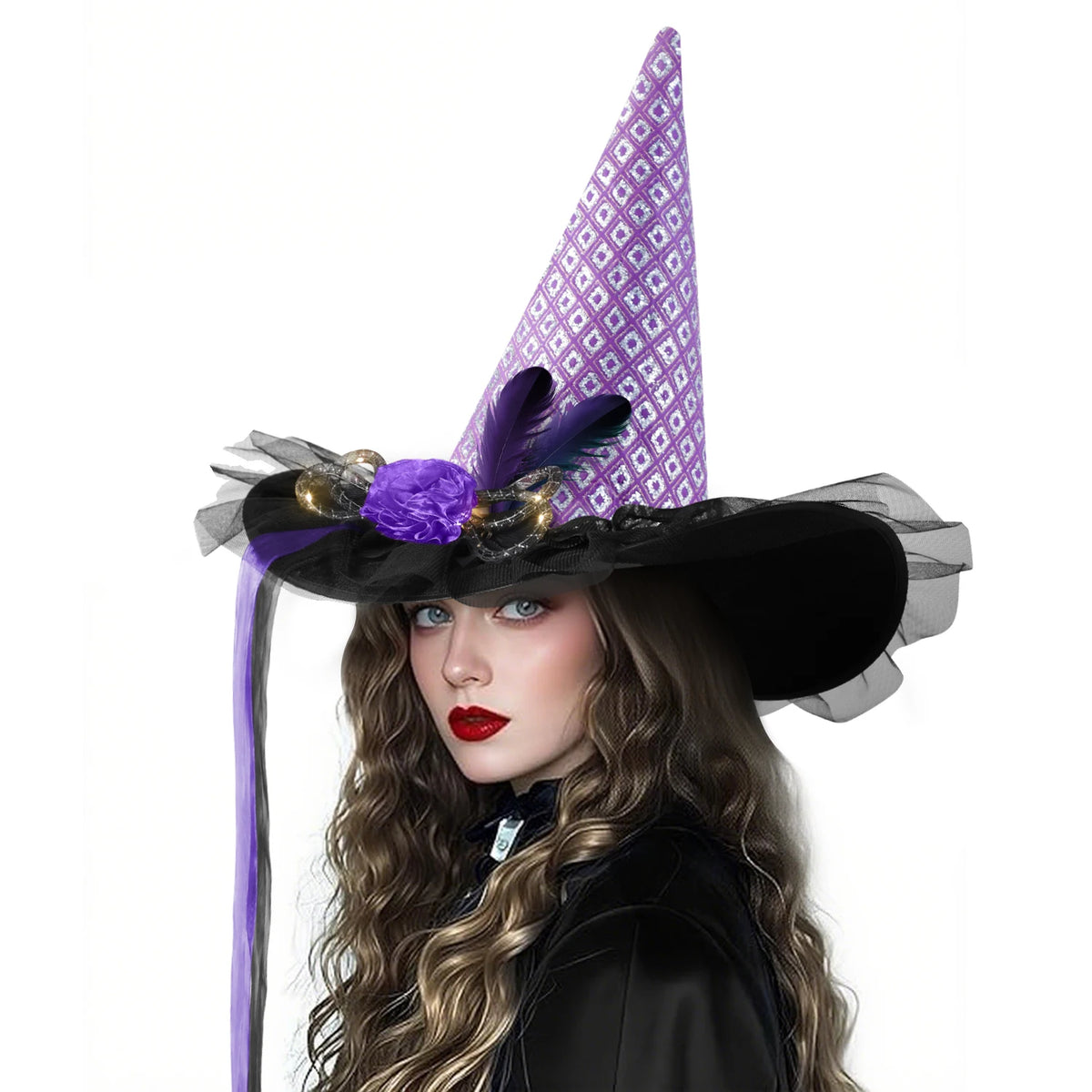 Women's Halloween Witch Hat with Lace, Feather and LED Decor