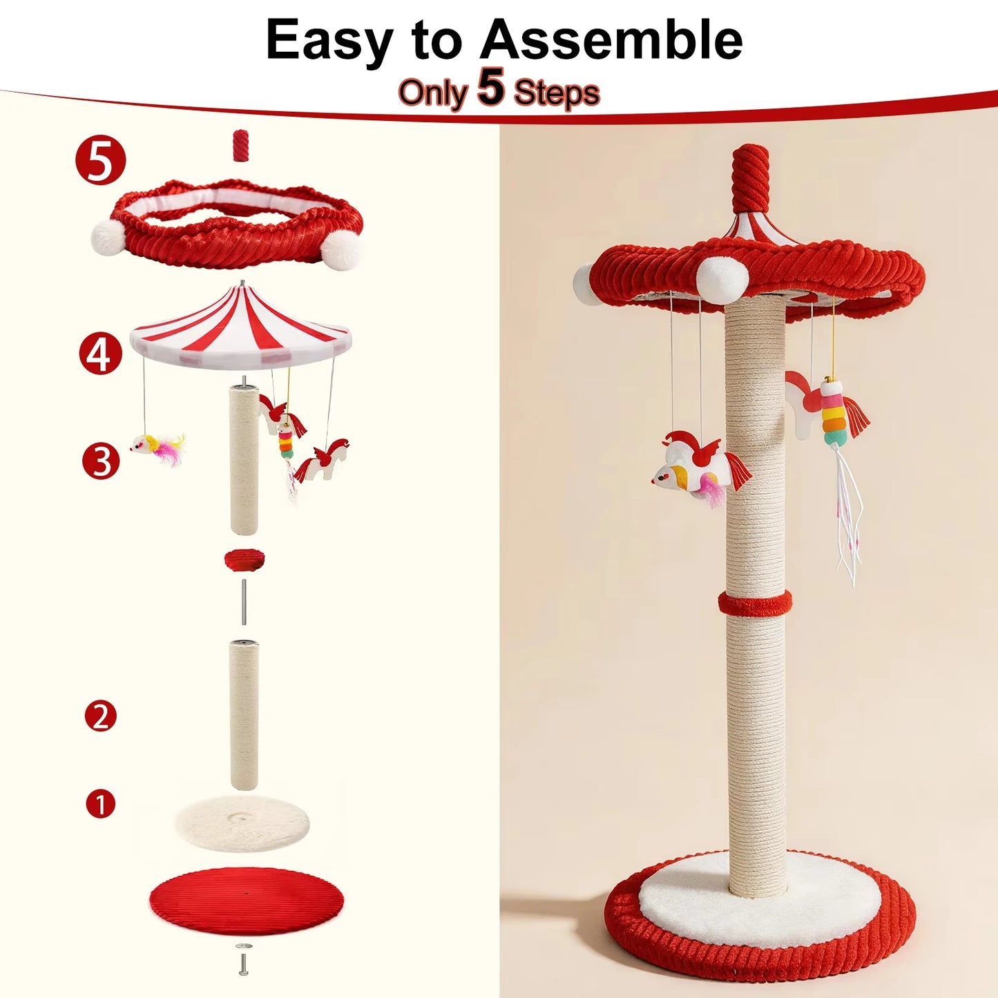 39“ Tall Carousel Cat Scratching Post with Hanging Toys Cat Tree Tower with Rotating Top 17.7" Stable Base Interactive Toys For Indoor Kittens and Adult Cats Climbing
