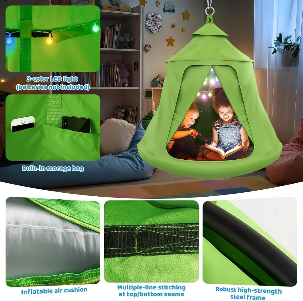 X-Shaped Swing Frame with Tent Swing, Sensory Swing & Hammock Chair, 330 lbs Capacity, Rainbow Lights, Indoor/Outdoor (Green)