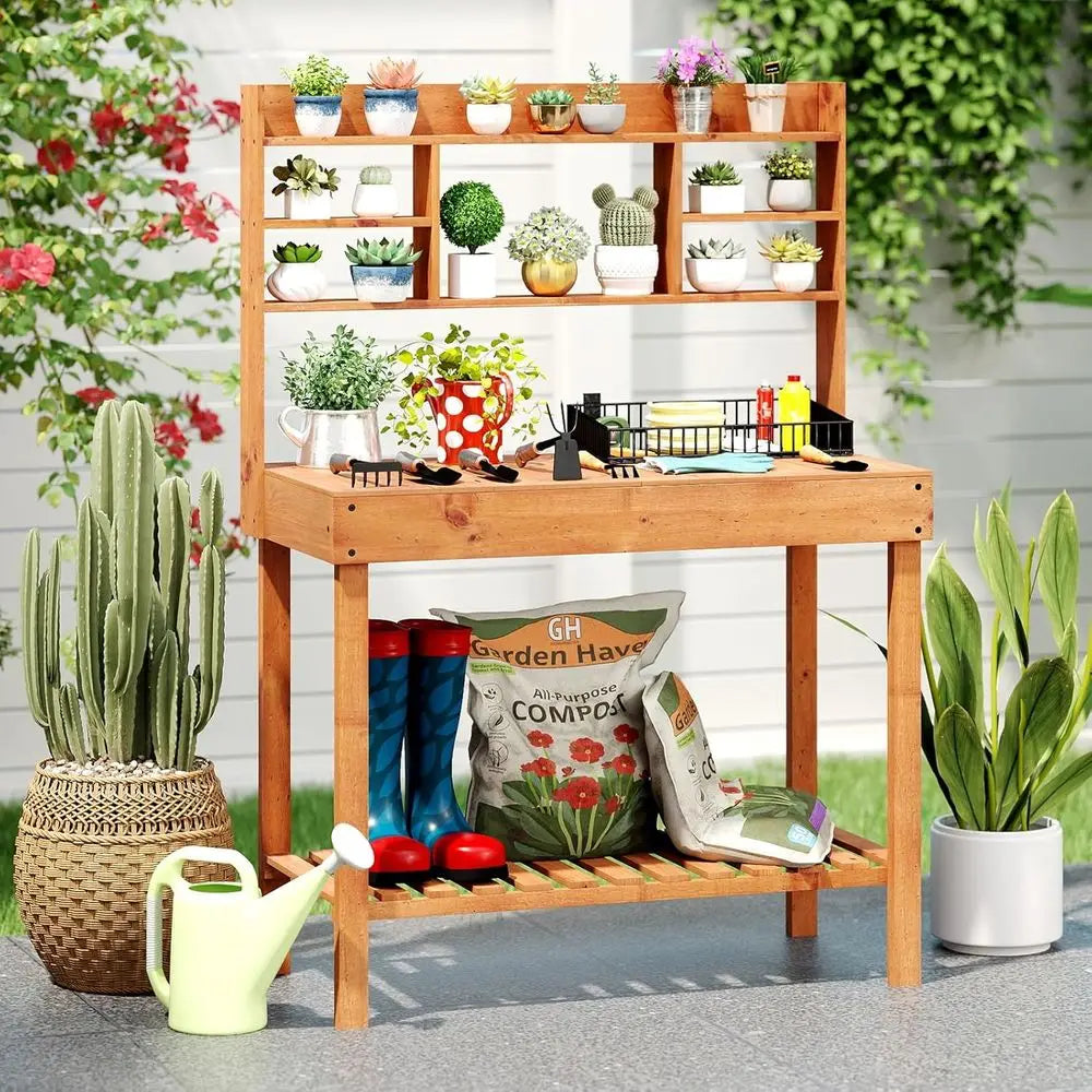 Potting Bench Table, Outside Solid Wood Gardening Table with lip-up Tabletop, Storage Shelves, Indoor Outdoor Wooden Workstation