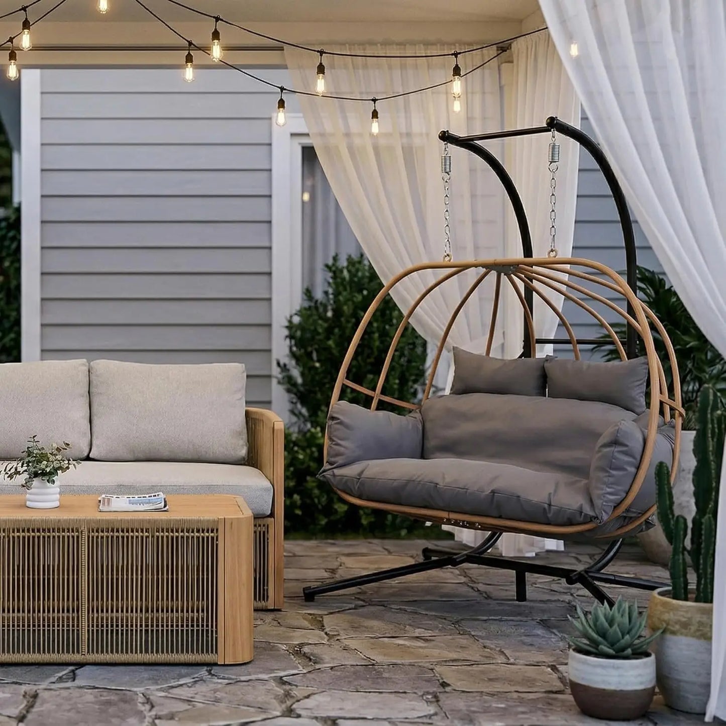 2-Person Outdoor Egg Swing Chair with Cushions Rattan Basket Stand Metal Nest Patio Garden, Customized