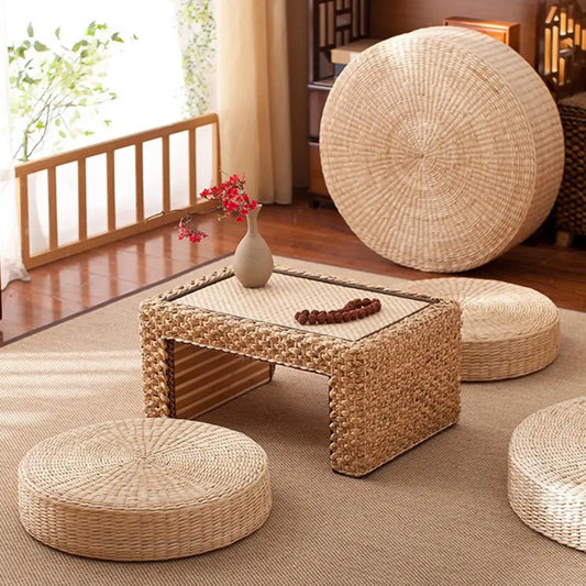 Non-Slip Bottom Round Tatami Cushion-Handmade Straw Weave Floor Pillow for Meditation Yoga Zen Room Kids Play Area Decor