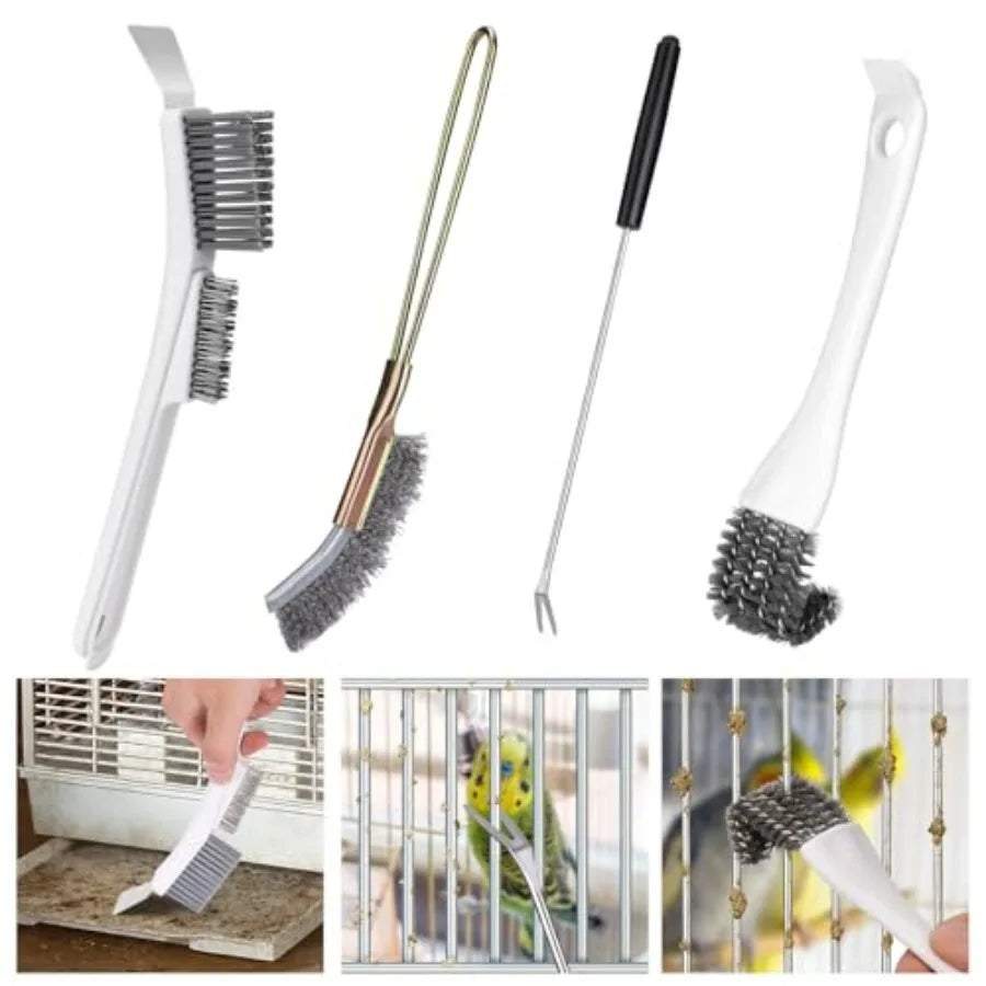 Bird Cage Cleaner Brush Kit, Bird Poop Remover Cleaning Tools Set Accessories for Small, Medium, Large, Tall, Stainless Steel,