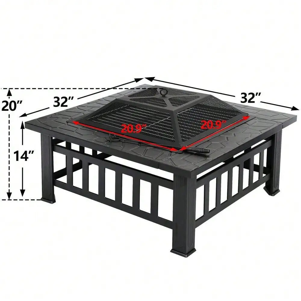 Metal Square Fire Pit For Backyard Patio Garden With Cover