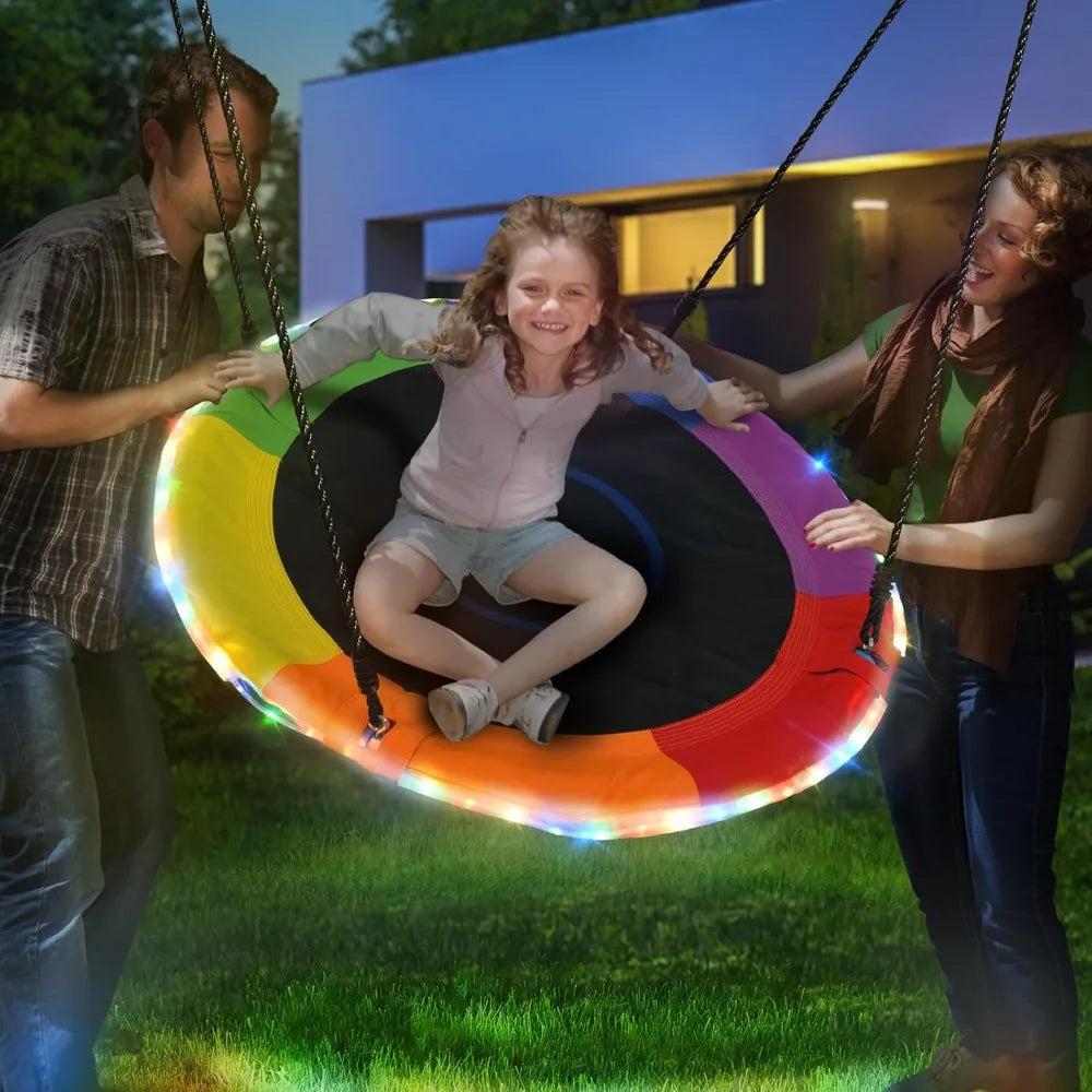 700lbs 40" Saucer Tree Swing with LED Lights, 2 Tree Hanging Straps - Rainbow