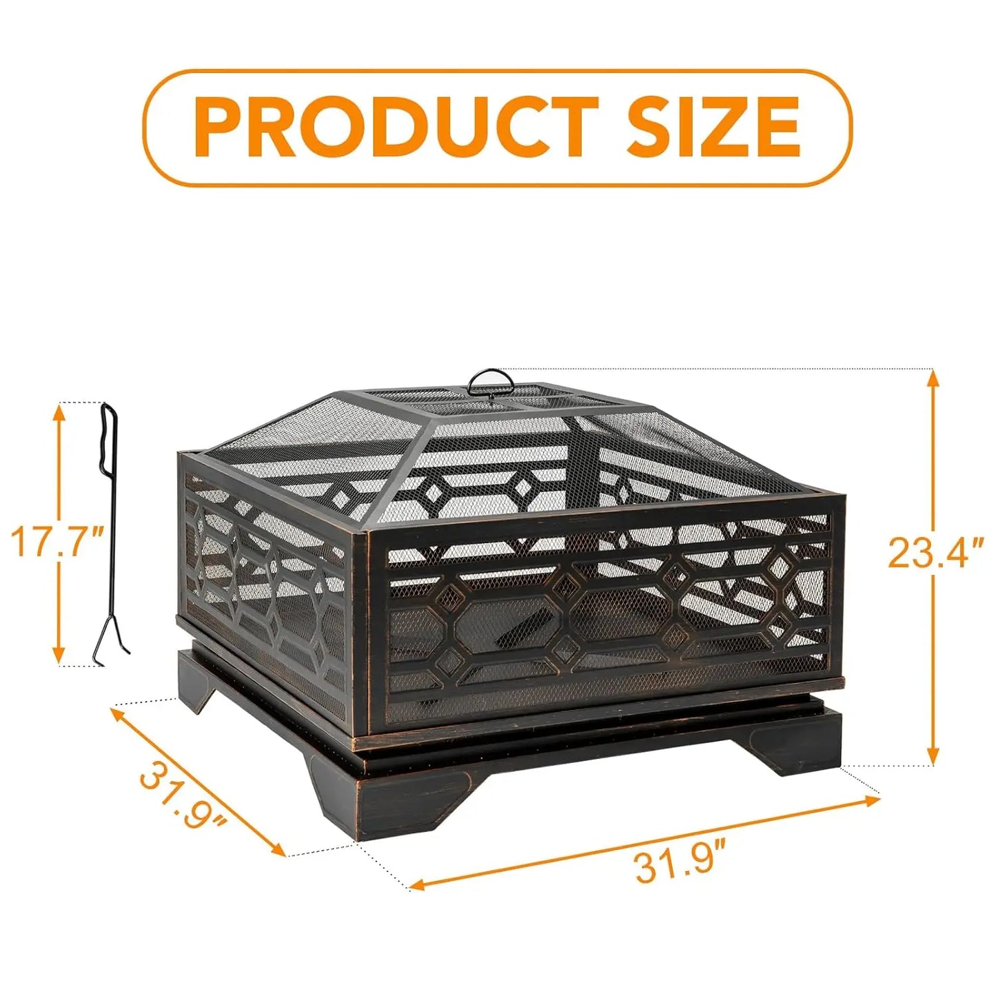 Outdoor Wood Burning Fire Pit Square Metal With Mesh Cover
