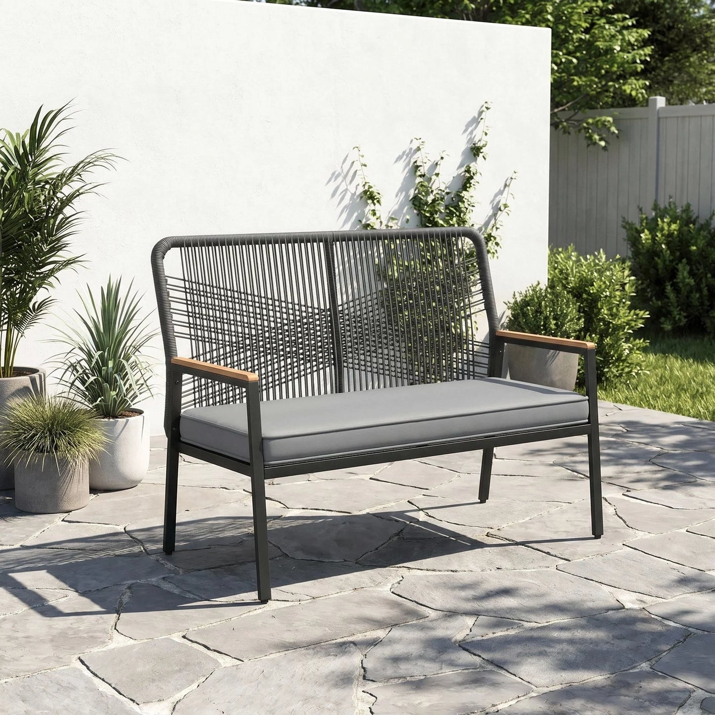 Modern Rattan Patio Loveseat With Cushion And Metal Frame