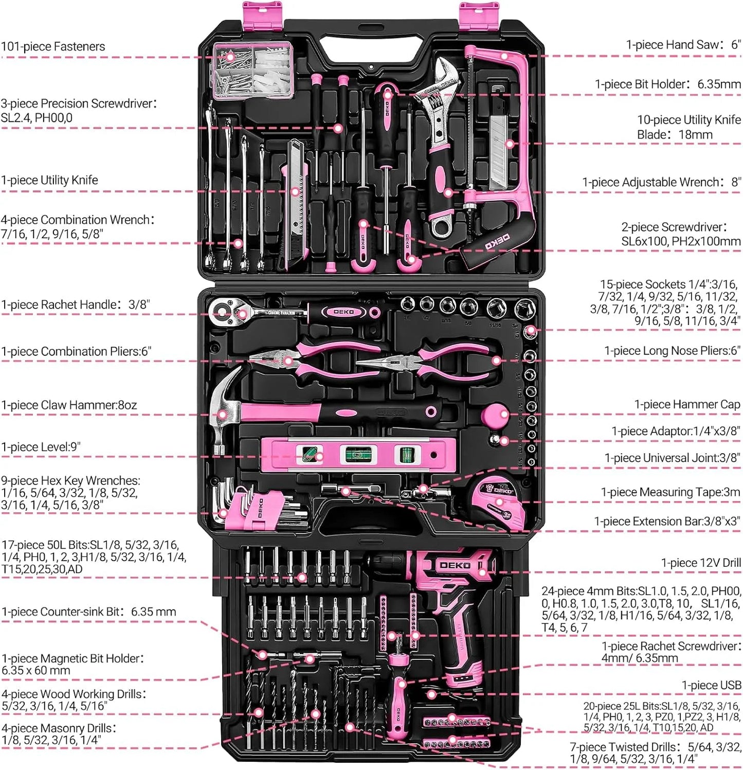 DEKODIY Home Mechanic Toolbox With 12V Cordless Drill Kit