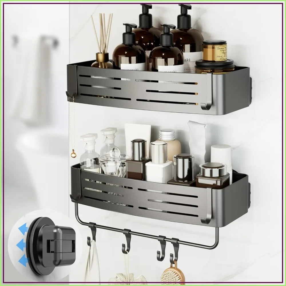 Two Pack Suction Cup Shower Caddy Set With Towel Bar