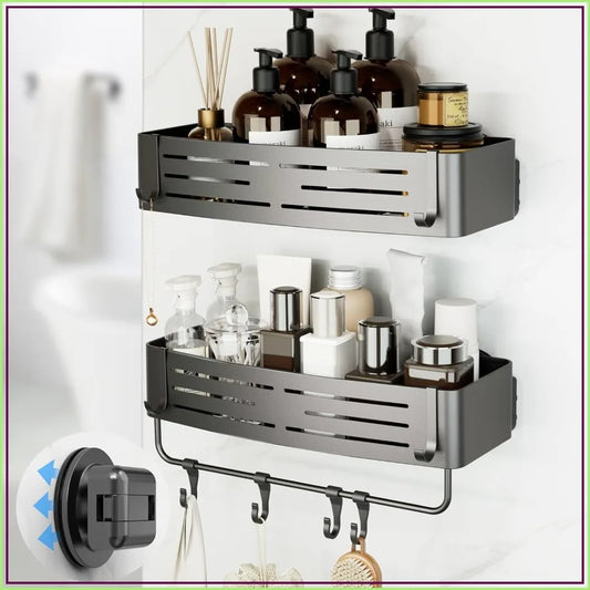 Two Pack Suction Cup Shower Caddy Set With Towel Bar