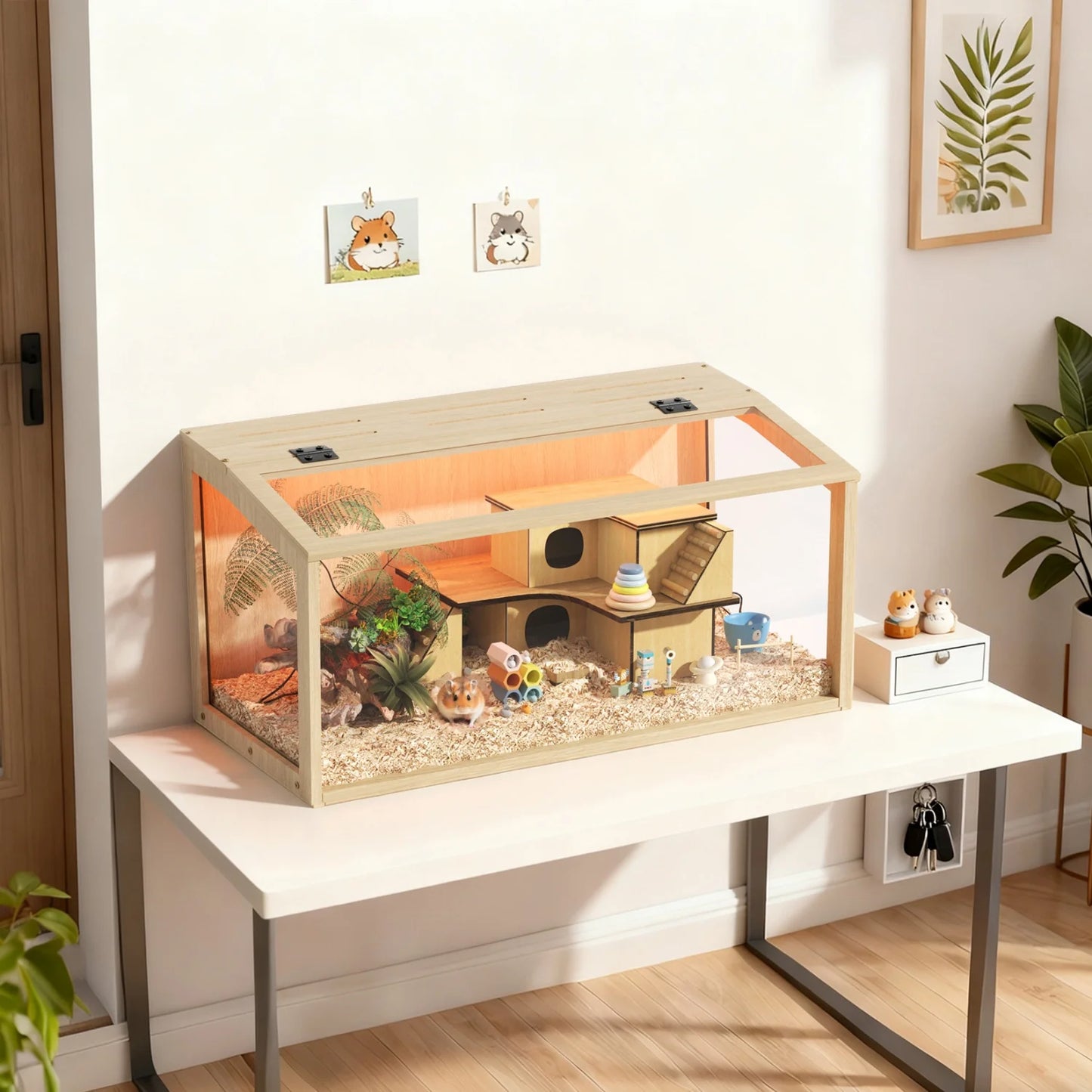 60/80/100/CM Hamster Cage Chewproof Wooden Guinea Pig Cages Habitat House Tempered Glass Panels Built-in LED Light for Small Pets