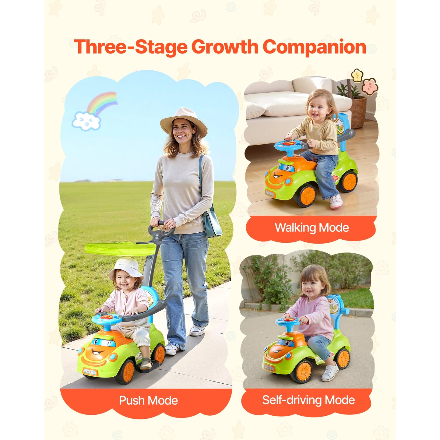 SucceBuy 55 lbs Ride On Push Car with Guardrails Handle & Under-seat Storage Foot-to-Floor Walker Around Buggy for Boys Girls