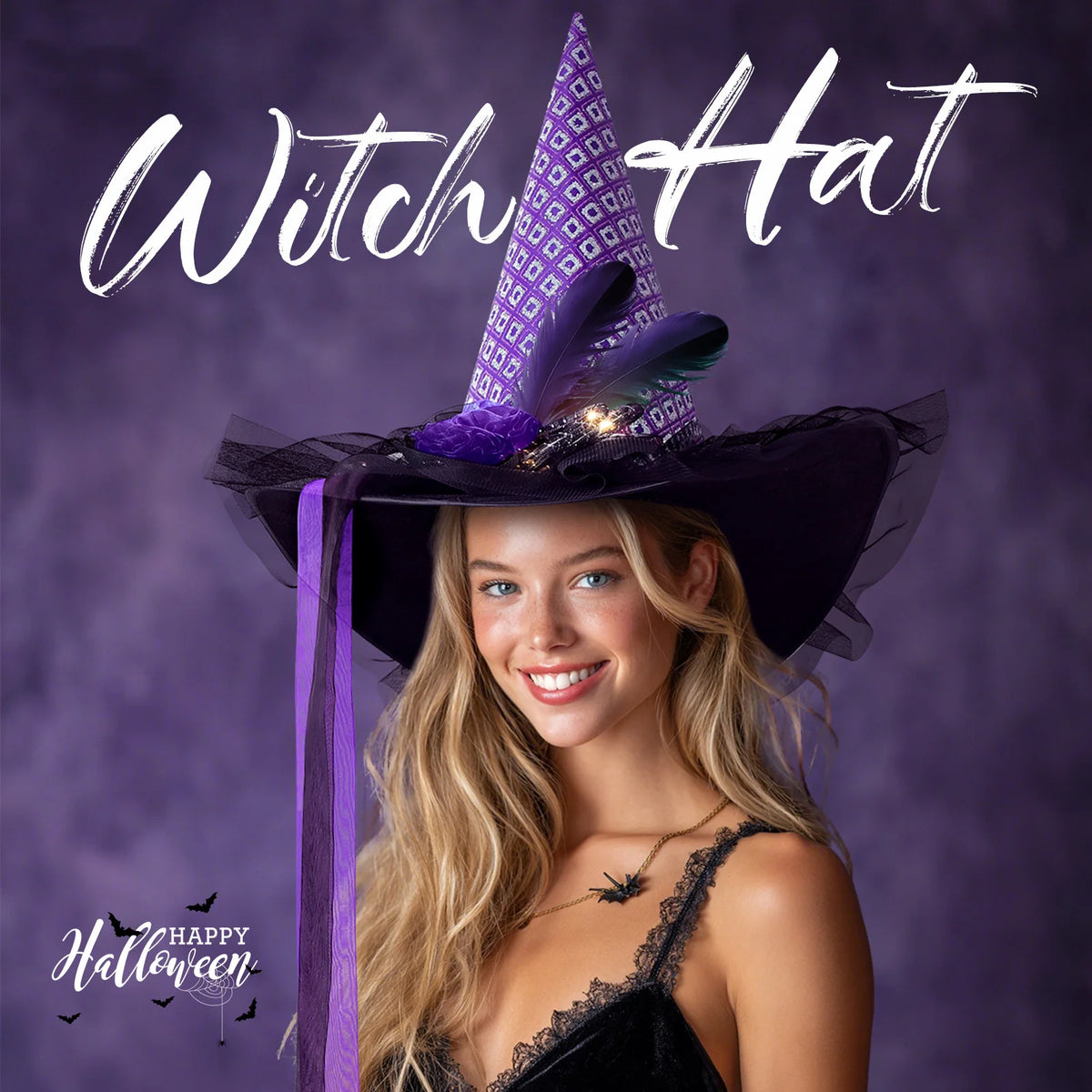 Women's Halloween Witch Hat with Lace, Feather and LED Decor