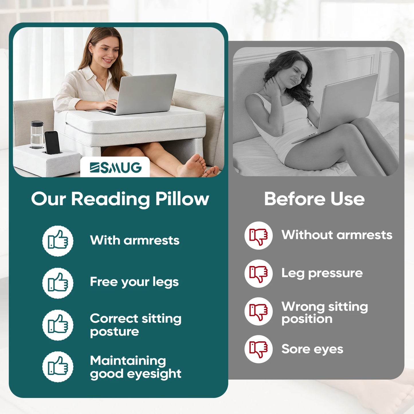 JHK Square Memory Foam Reading Pillow Ergonomic Neck Pillow Ventilated Cooling Bed Pillow with Removable Washable Cover Comfort