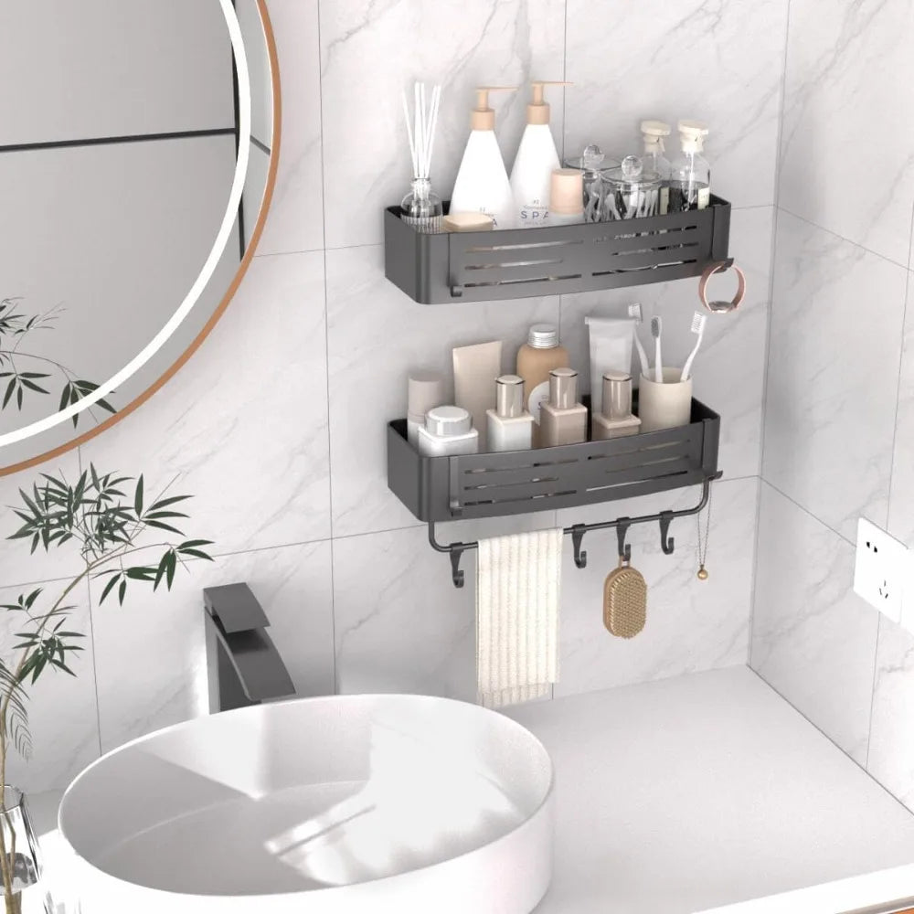 Two Pack Suction Cup Shower Caddy Set With Towel Bar