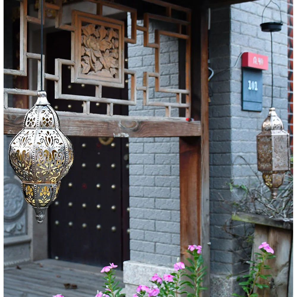 Outdoor Solar Lights Moroccan Decoration Lantern Waterproof Decor Light Iron Hollow Out Projector Lamp For Home Party Holiday