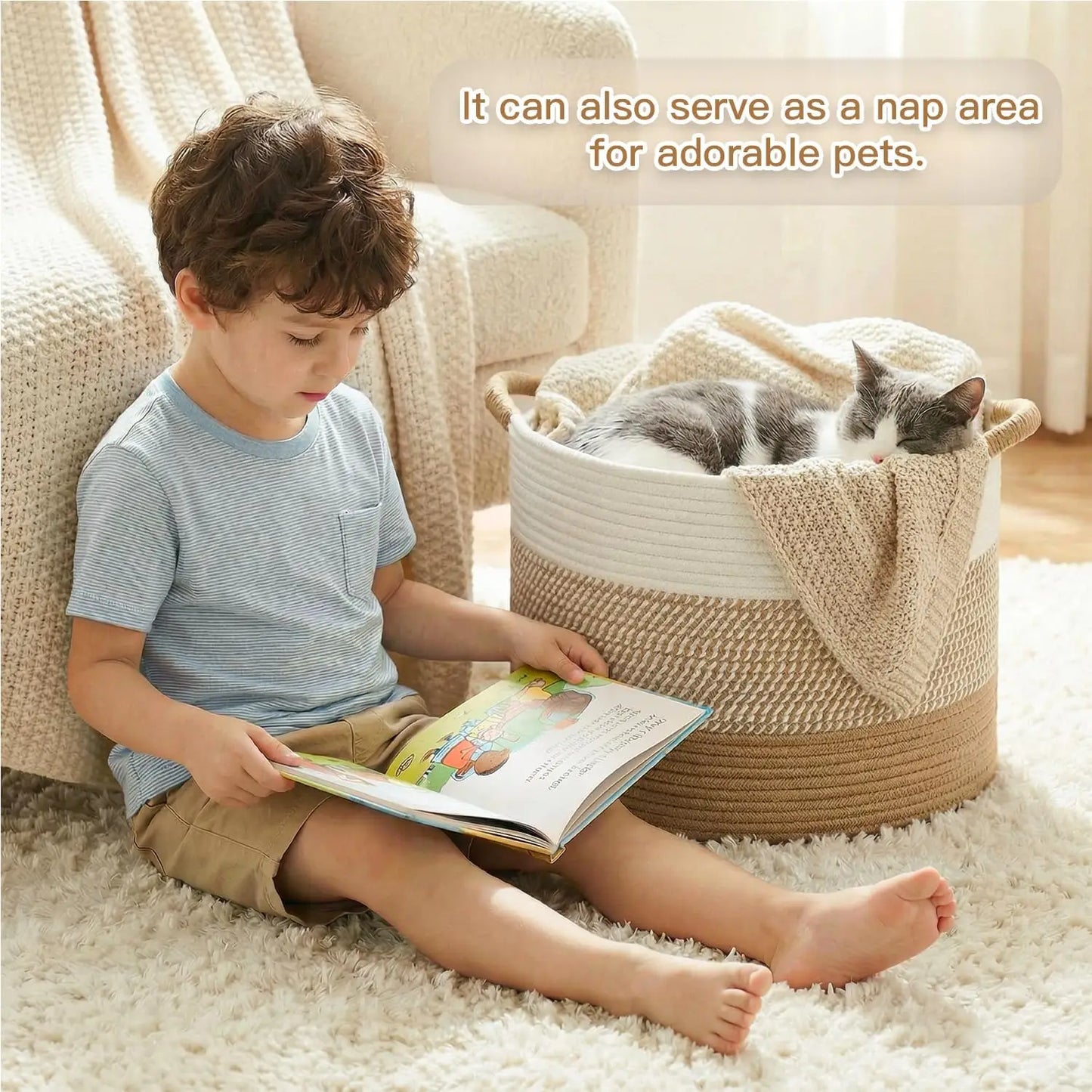 Large 70L Cotton Rope Basket, Boho Woven Storage for Living Room Kids Toys Blankets Laundry
