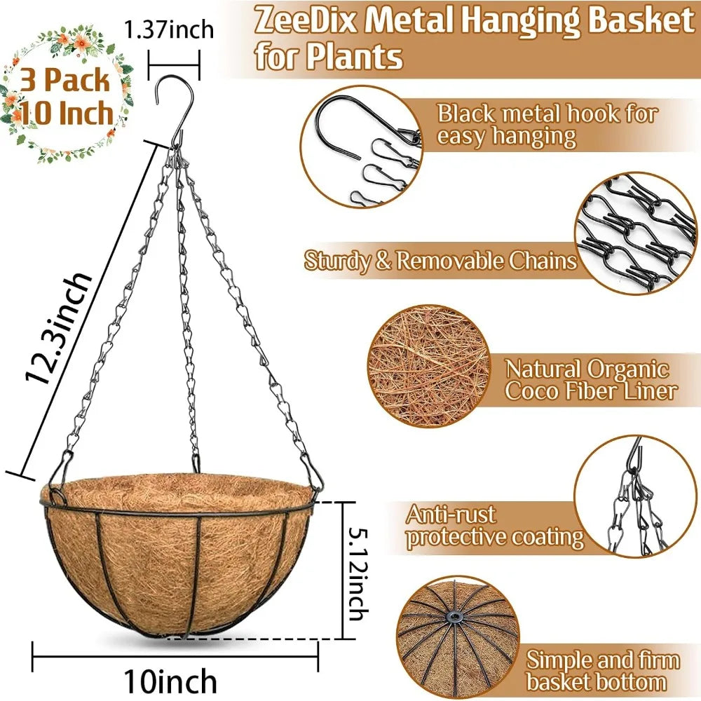 3 Pack 10 Inch Metal Hanging Baskets with Coconut Liners for Plants, Outdoor Porch Balcony Garden Decoration