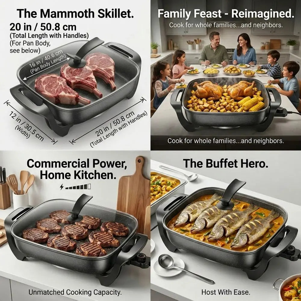 Aoran 16 Inch Family-Sized Electric Skillet, Non-Stick Electric Griddle With Tempered Glass Lid & Steamer Insert, Perfect For B