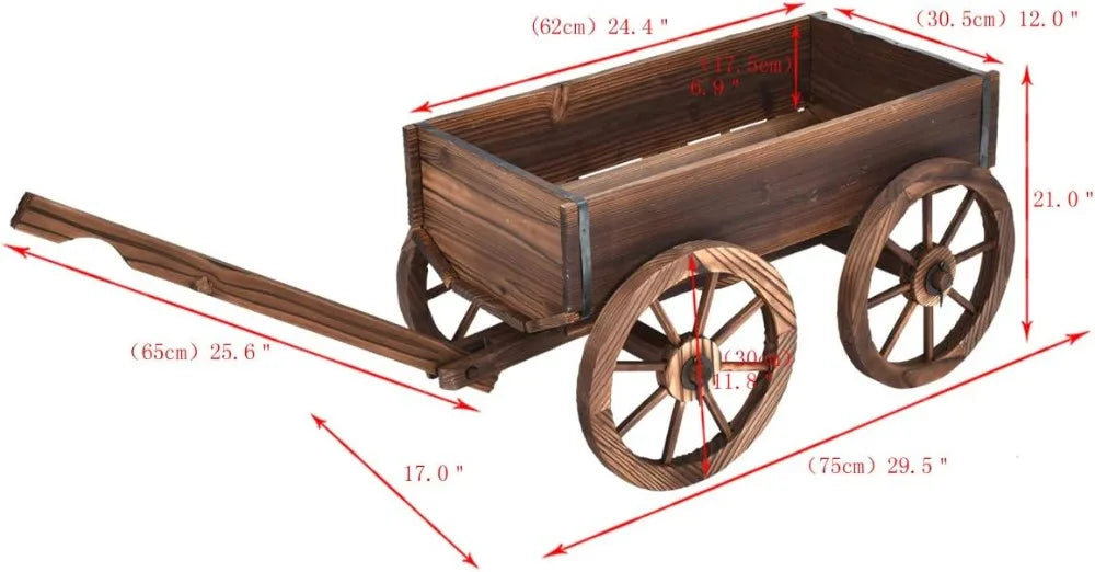 Wood Wagon Planter With Wheels Outdoor Flower Stand For Patio