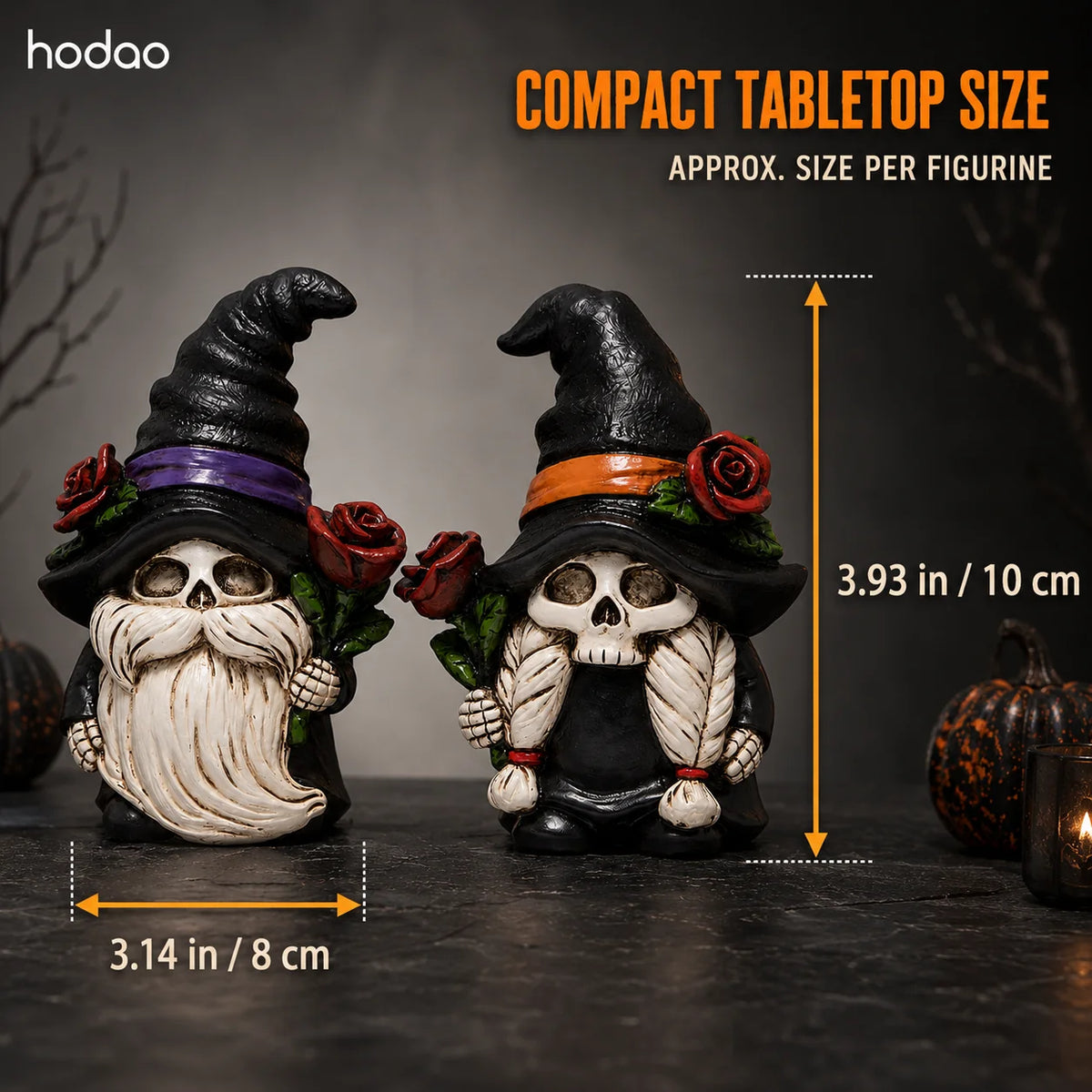 Hodao Resin Halloween Skull Gnome Couple Figurines for Gothic Decor