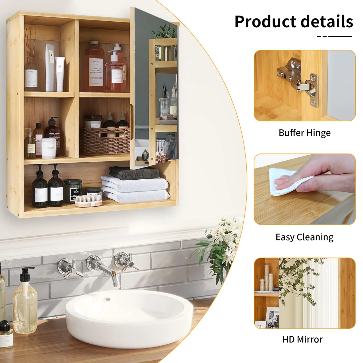 Bamboo Wall Cabinet Bathroom Storage Cabinet Wall Mounted for Entryway Kitchen Vanity Cabinet with Mirror Adjustable Shelf
