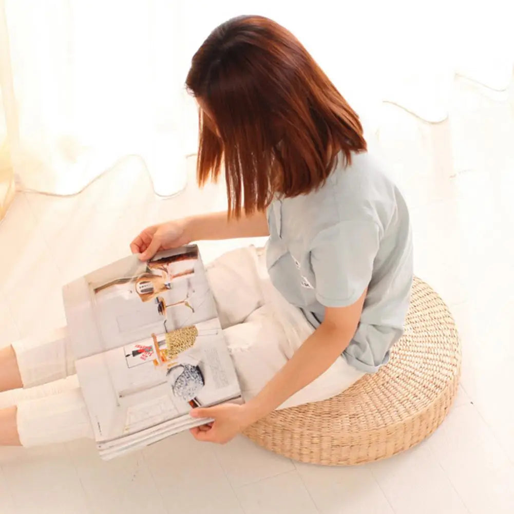 Non-Slip Bottom Round Tatami Cushion-Handmade Straw Weave Floor Pillow for Meditation Yoga Zen Room Kids Play Area Decor