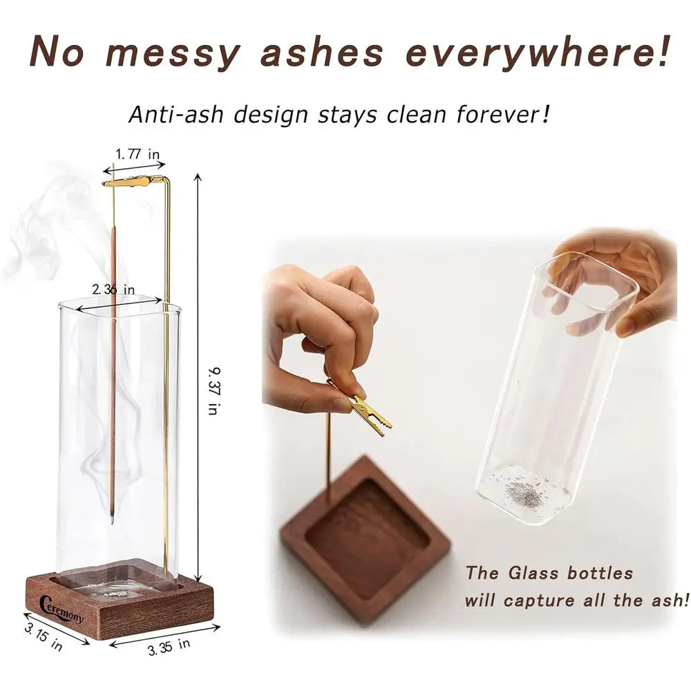 Incense Holder, Wooden Sticks with Glass Ash Catcher, Anti-ash Burner with 20 Incense Sticks and Ash Brush, Meditation Yoga Spa