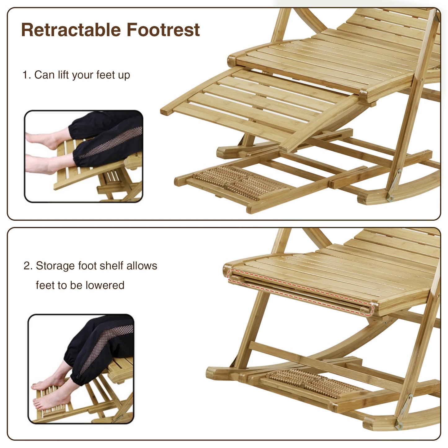 Folding Bamboo Rocking Chair Bamboo for Living Room, Bedroom, Backyard,Indoor Outdoor Furniture Adjustable Sun Lounger Chairs