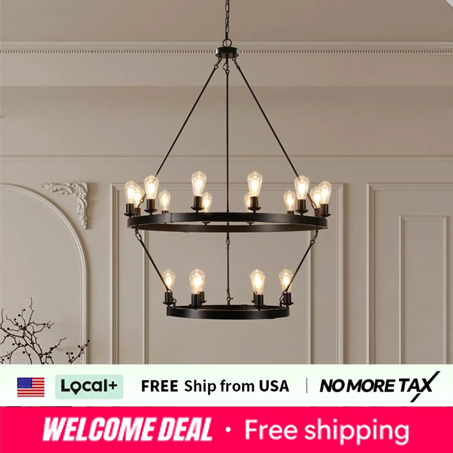 Retro style Large 2-Tier circular ceiling Ironwork chandelier