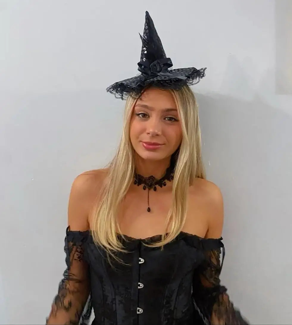 Halloween Witch Hat Headband With Feather Flower for Costume Parties
