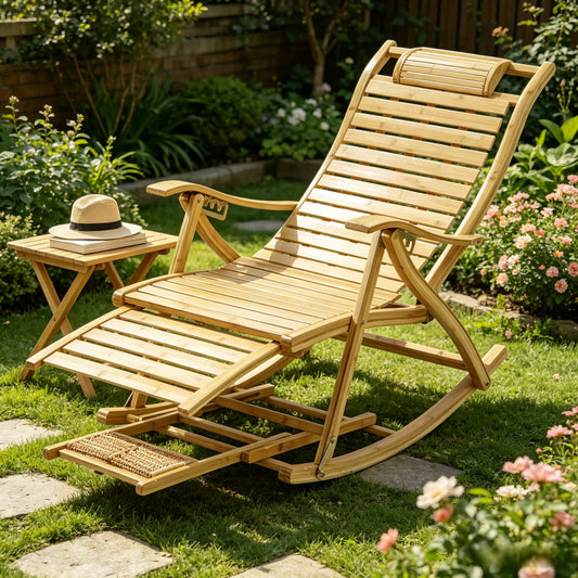 Folding Bamboo Rocking Chair Bamboo for Living Room, Bedroom, Backyard,Indoor Outdoor Furniture Adjustable Sun Lounger Chairs