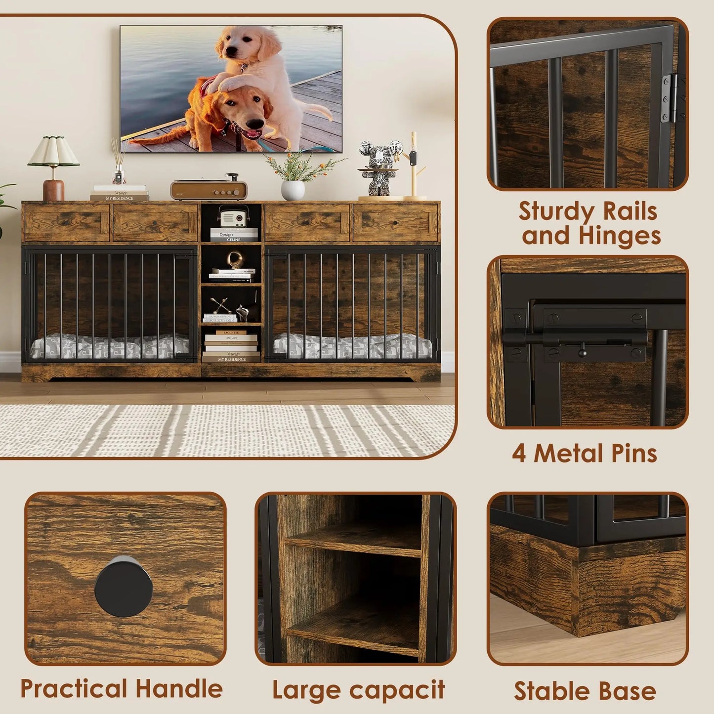 HiMISS Heavy Duty Double Dog Crate TV Stand With Drawers