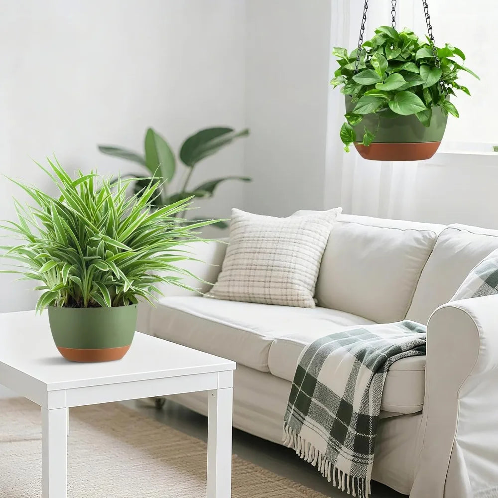 Set of 2 Self-Watering Hanging Planters, 8 Inch Indoor Outdoor Flower Pots with Drainage Holes & Removable Tray, Hooks Included