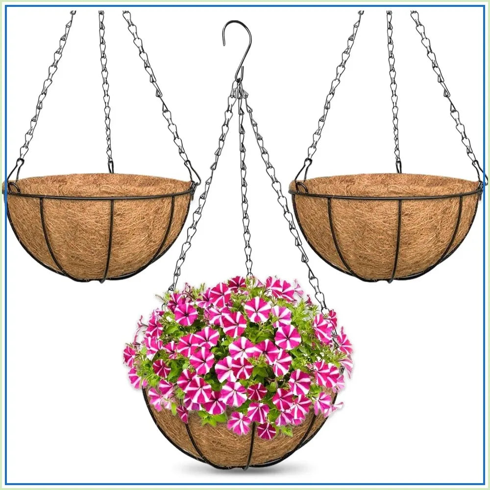 3 Pack 10 Inch Metal Hanging Baskets with Coconut Liners for Plants, Outdoor Porch Balcony Garden Decoration